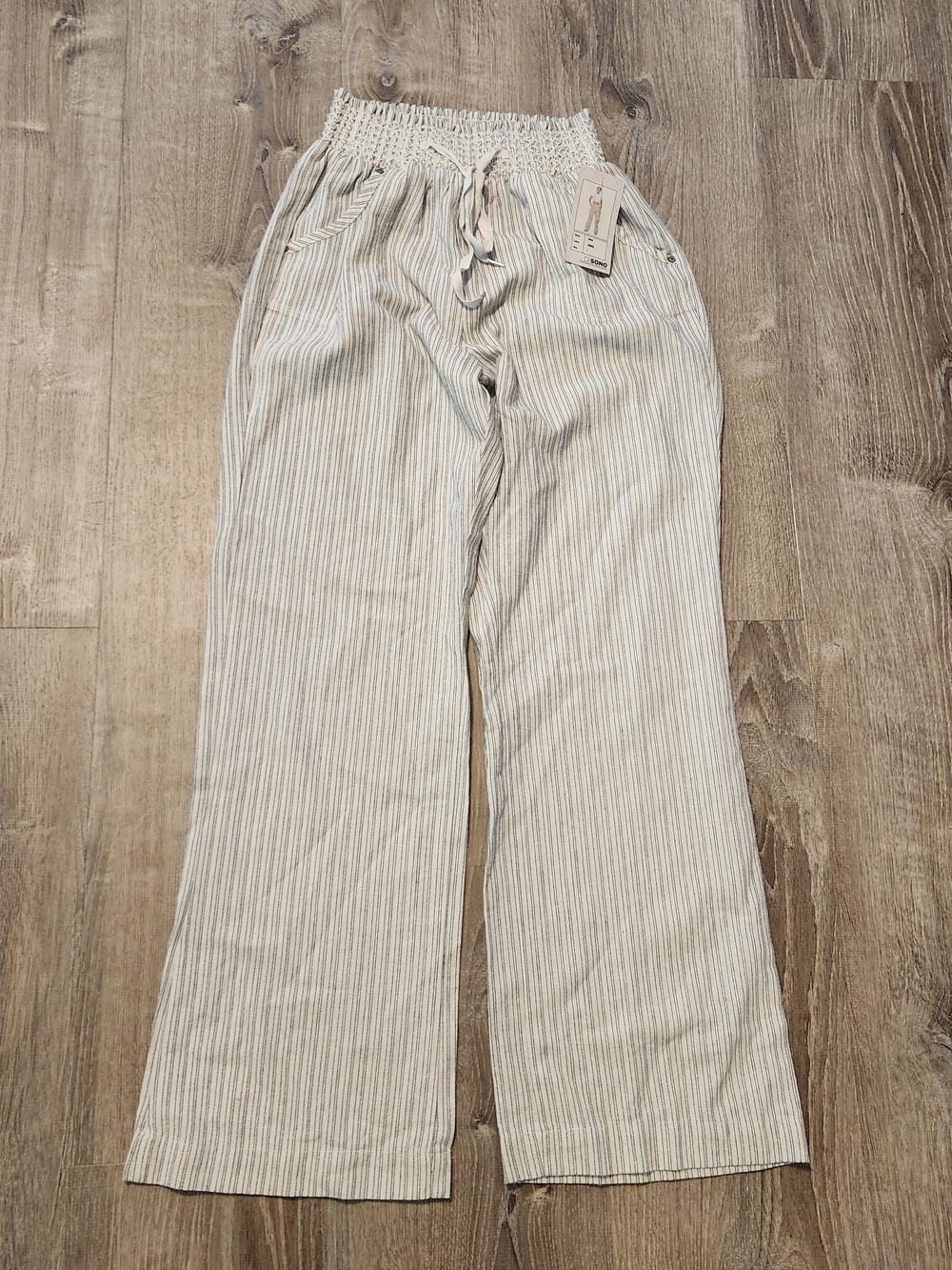 Ci Sono Cream & Black Stripes Wide Leg Drawstring Pants Womens Large NEW W/ TAGS